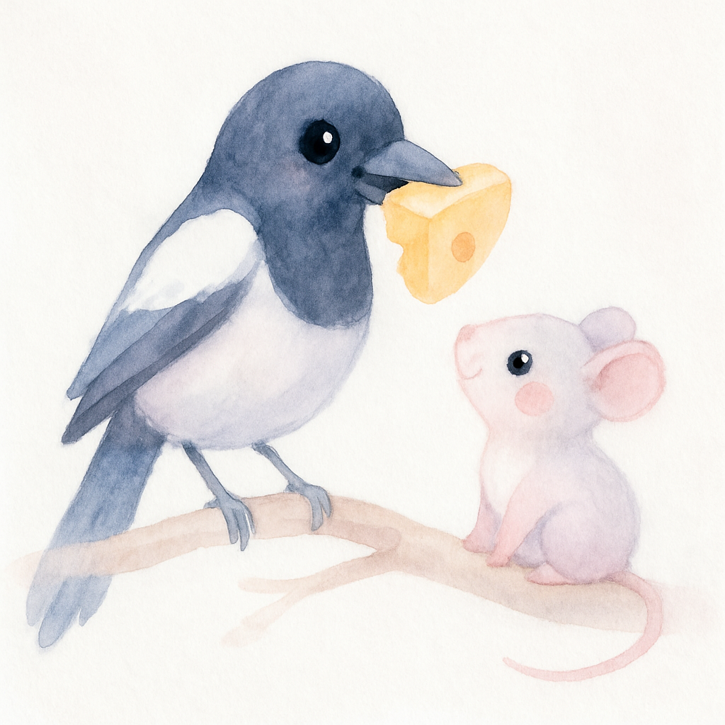 큰 나무 위에 까치가 치즈를 입에 물고 있고, 아래에서 여우가 올려다보는 장면