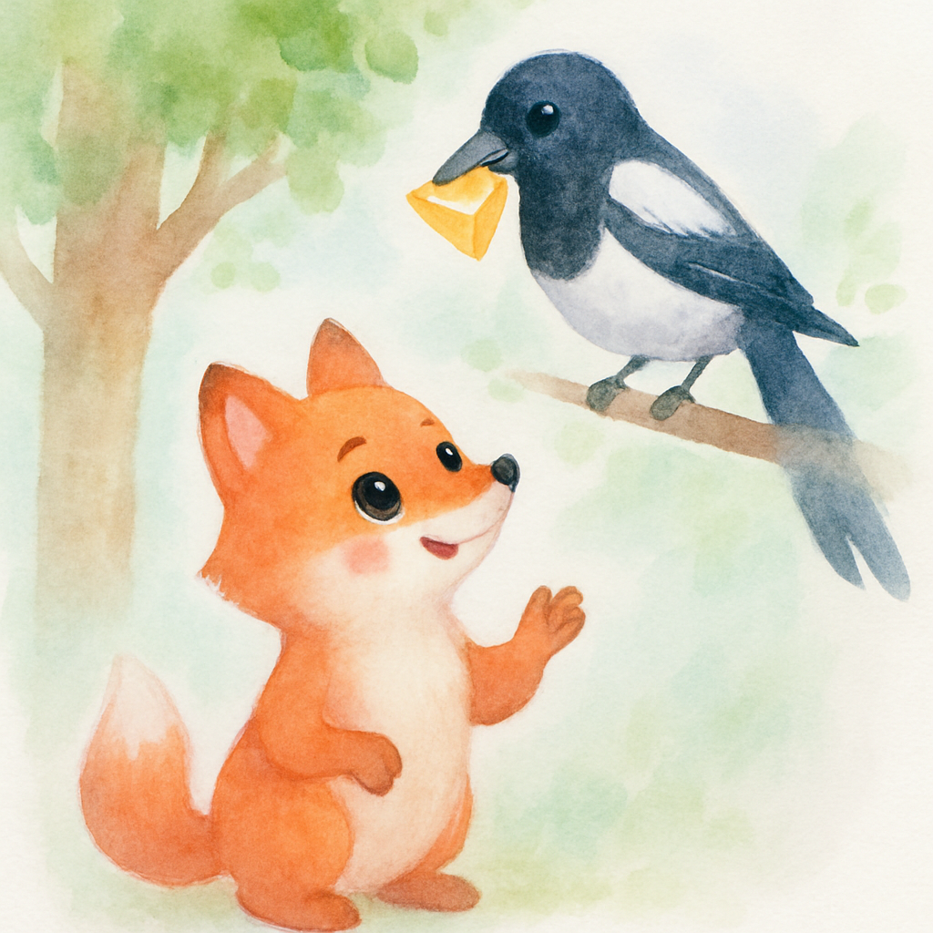 여우가 나무 아래 서서 까치를 칭찬하며 올려다보는 장면