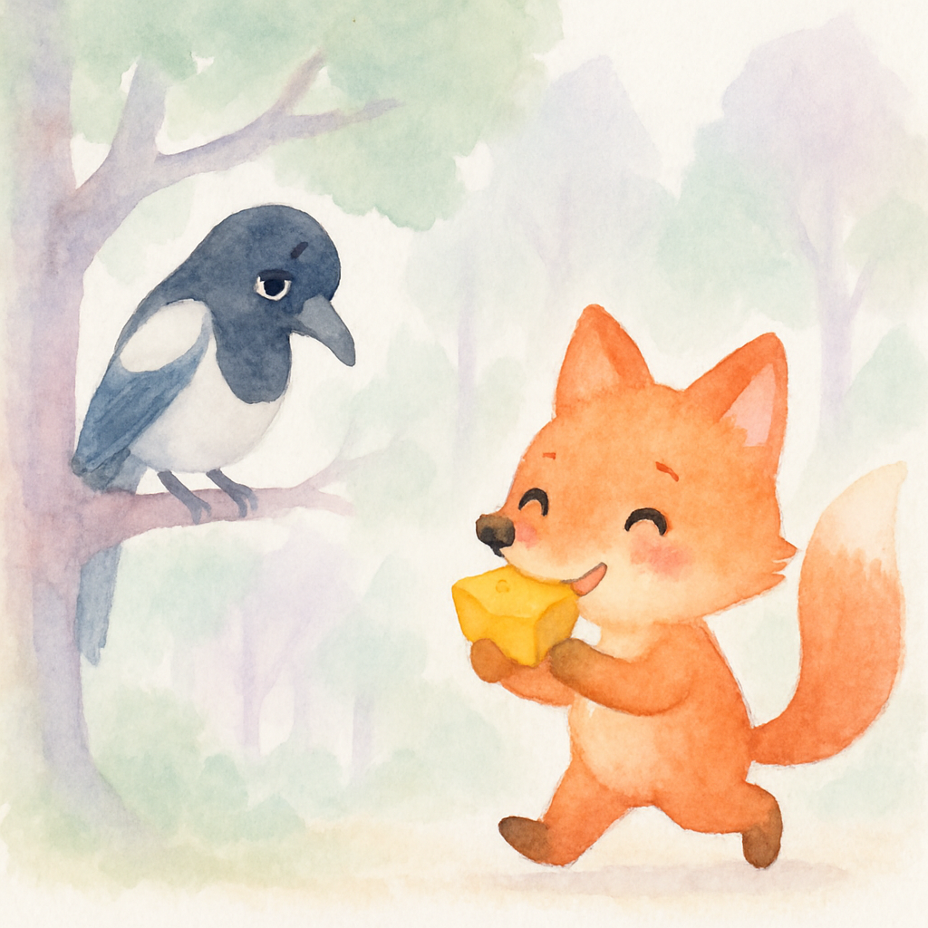 여우가 치즈를 잡아 먹으며 가버리고, 까치는 나뭇가지에 혼자 남은 장면