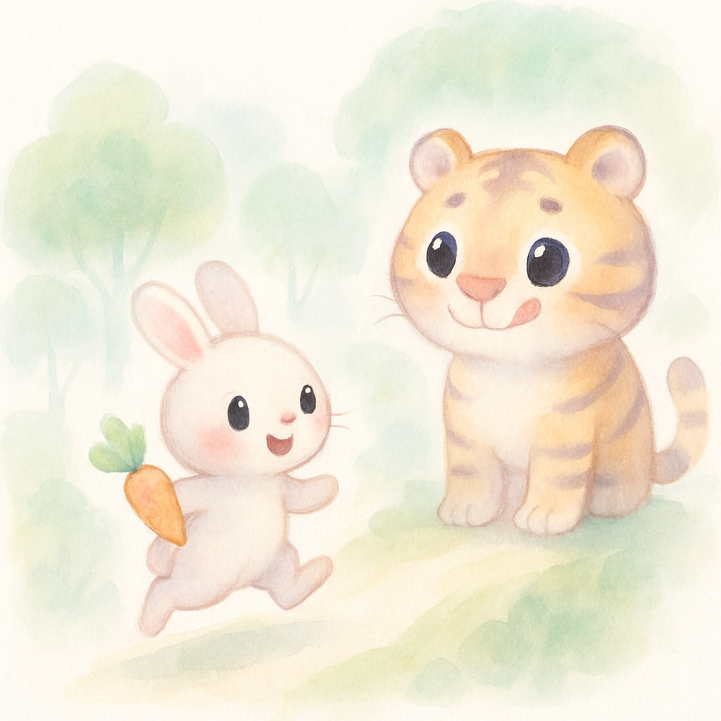 배고픈 호랑이 앞에 당근을 든 작은 토끼가 폴짝폴짝 뛰어오는 장면