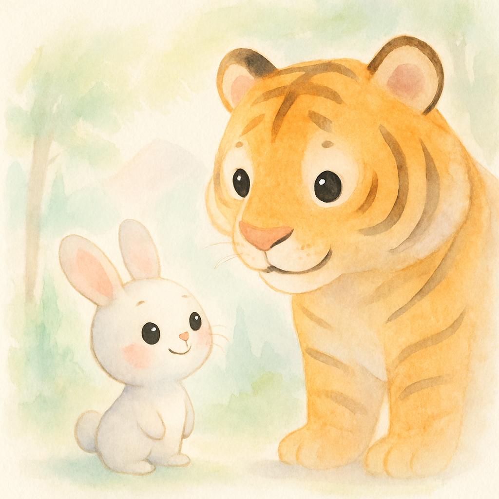 호랑이 앞에 나타난 토끼가 겁나지만 용감하게 방긋 웃으며 말하는 장면