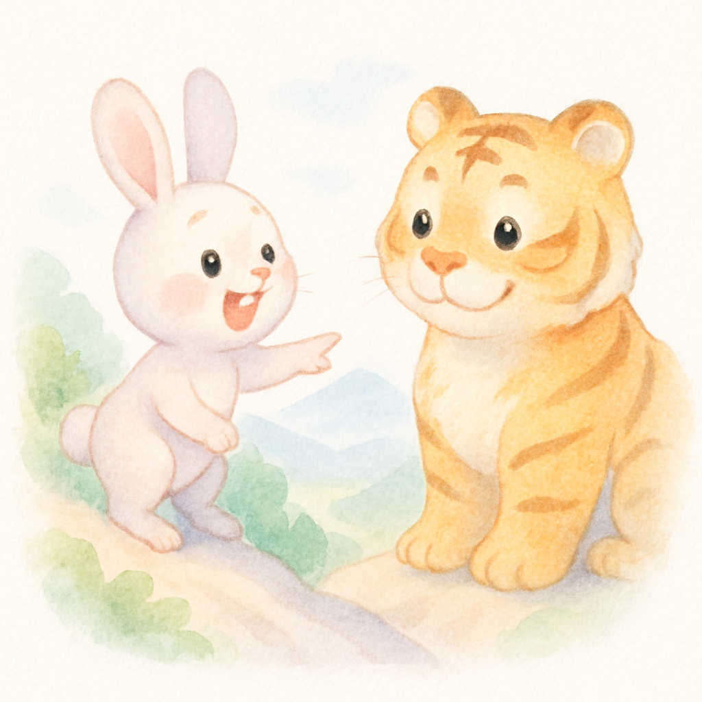 토끼가 호랑이에게 산 아래 떡집에 대해 신나게 말하는 장면