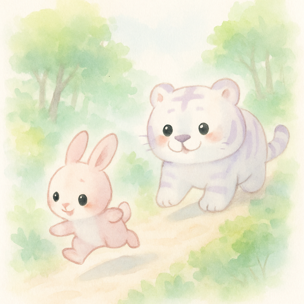 토끼가 앞장서서 폴짝폴짝 뛰고 호랑이가 뒤뚱뒤뚱 따라가는 장면