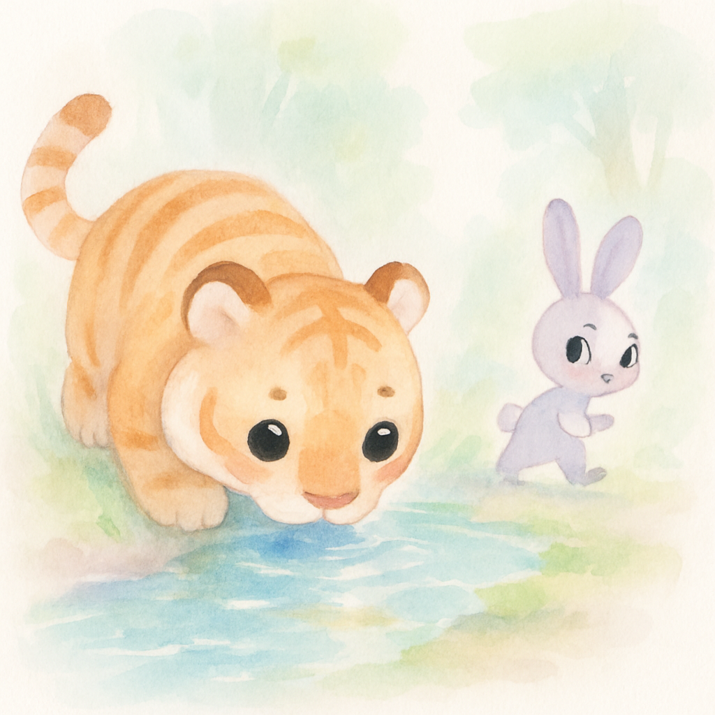 호랑이가 냇가에서 물을 마시는 동안 토끼가 살금살금 도망가는 장면