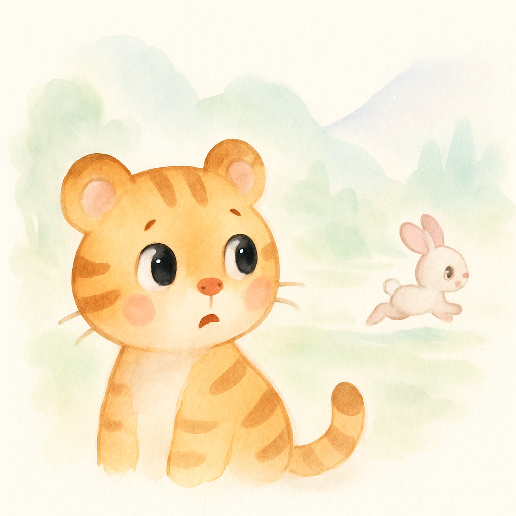 호랑이가 여기저기 토끼를 찾지만 토끼는 멀리 도망가고 있는 장면