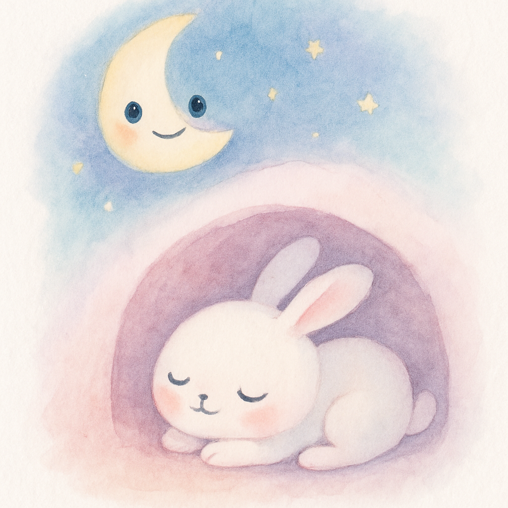 토끼가 안전한 굴속에서 편안히 잠들고 달님이 지켜보는 밤 장면