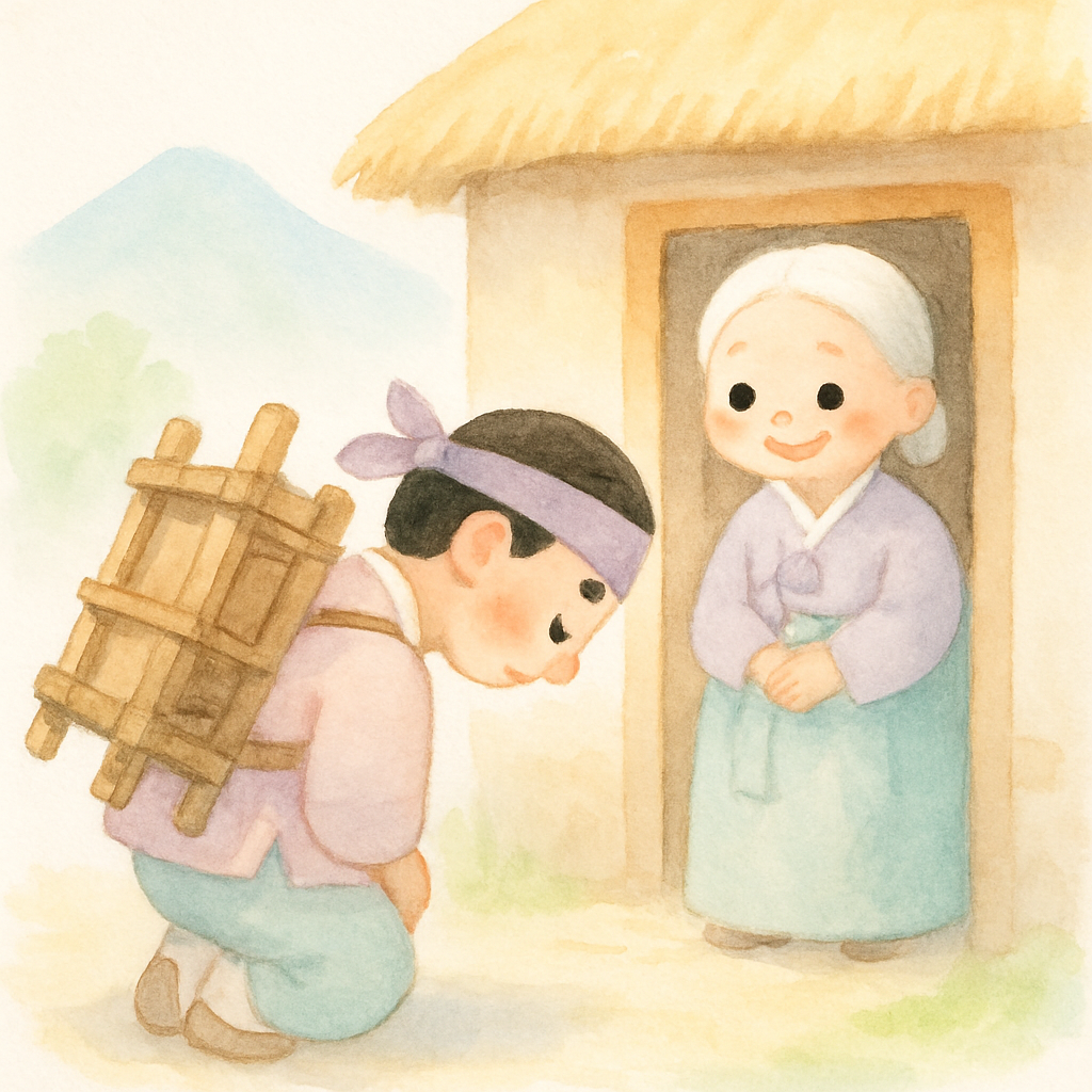 나무꾼이 어머니께 인사를 드리고 산으로 떠나는 아침 장면