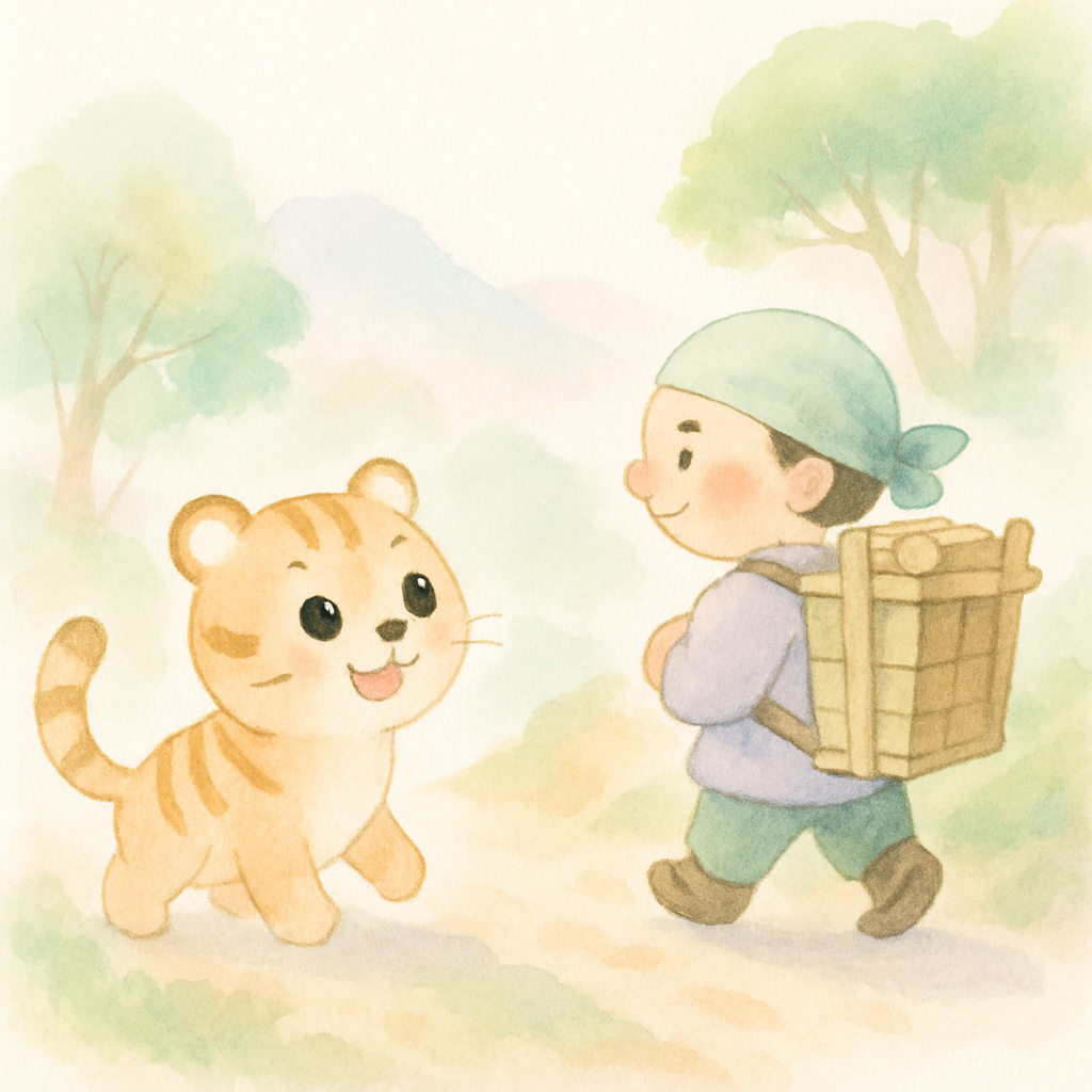 호랑이가 기뻐서 꼬리를 흔들며 나무꾼을 따라 집으로 오는 장면