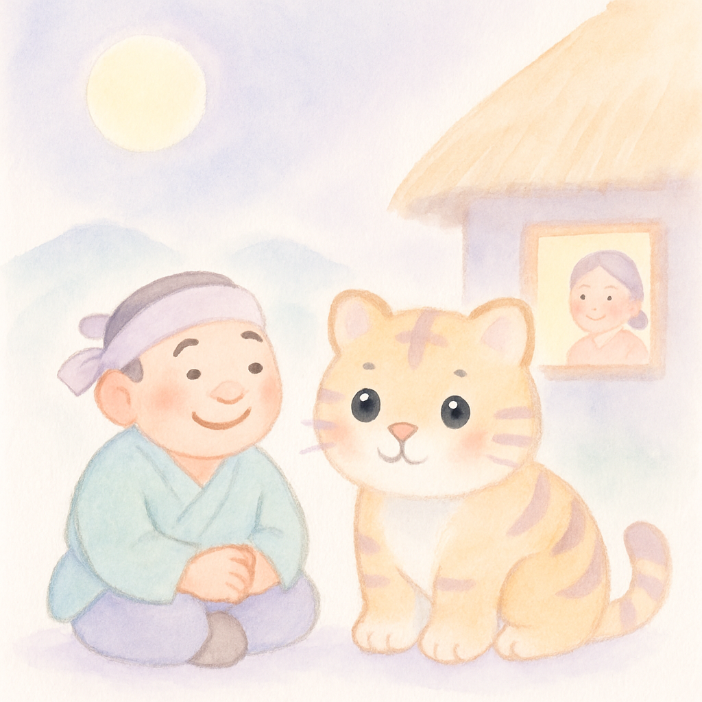 달빛 아래 나무꾼과 호랑이가 함께 있는 평화로운 밤 장면