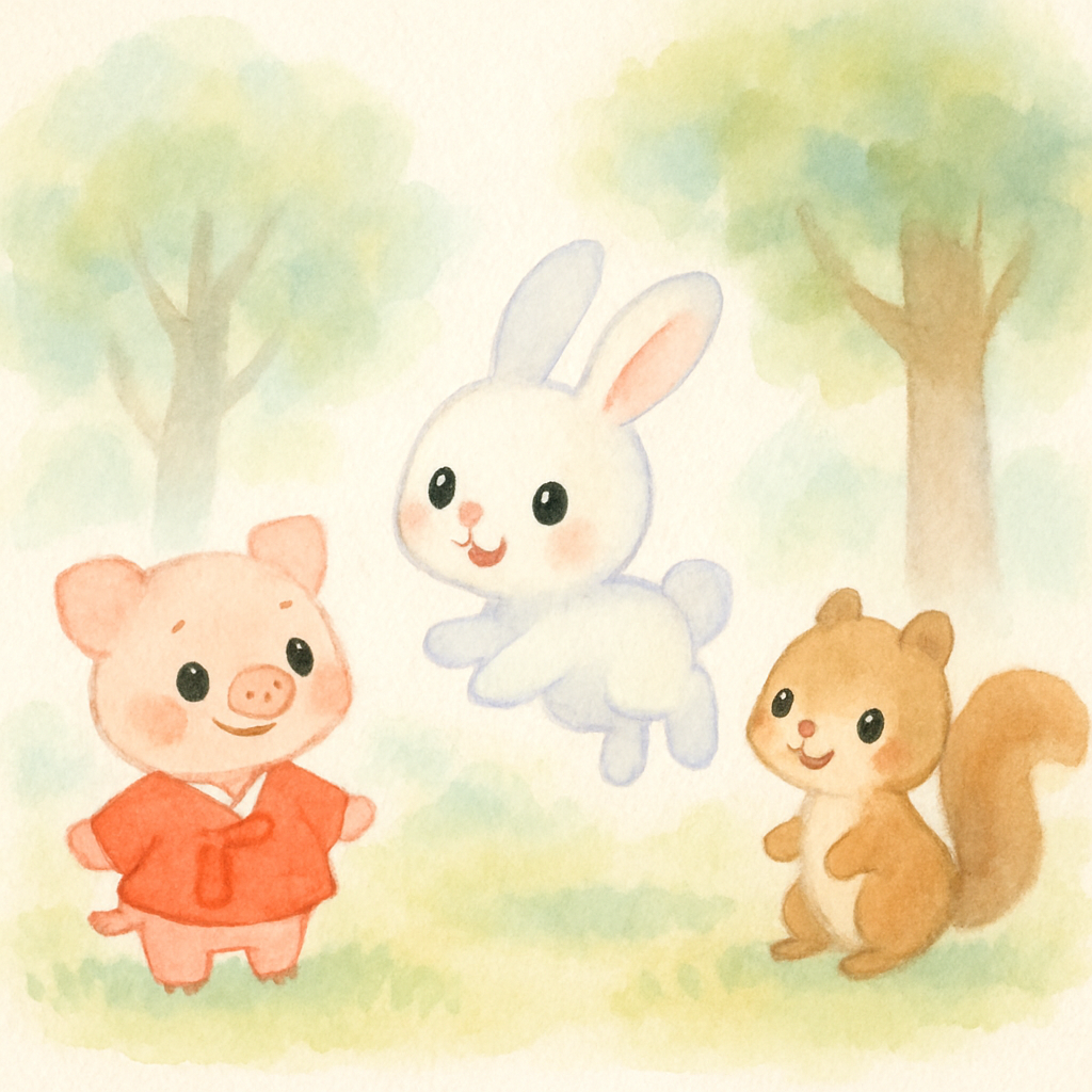 토끼와 다람쥐가 아기 돼지의 빨간 저고리를 칭찬하는 장면