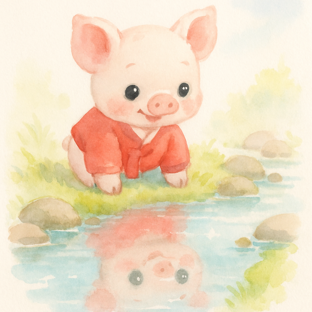 아기 돼지가 개울가에서 물에 비친 자신의 모습을 보는 장면