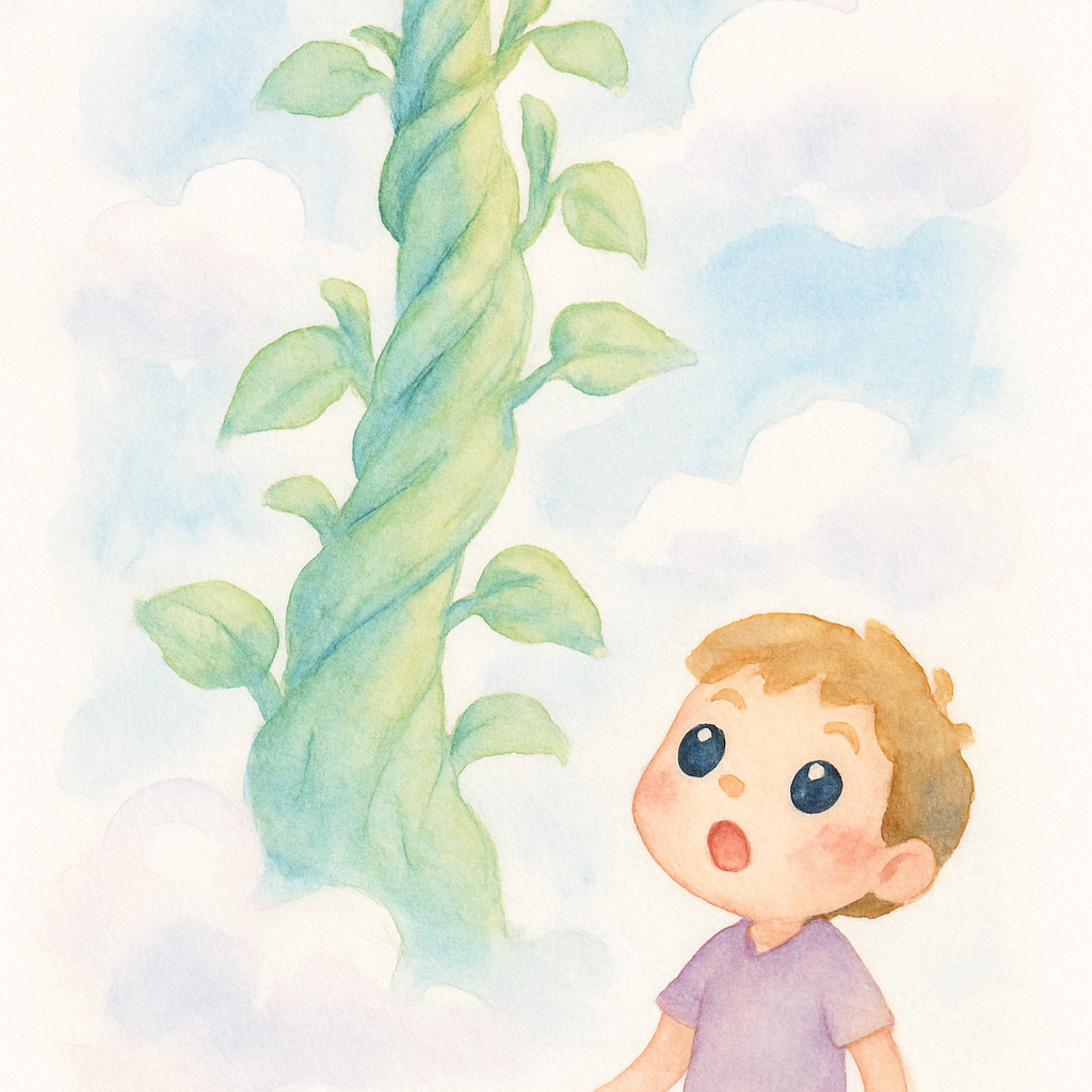 콩 넝쿨이 하늘 높이 자라 구름까지 닿은 장면