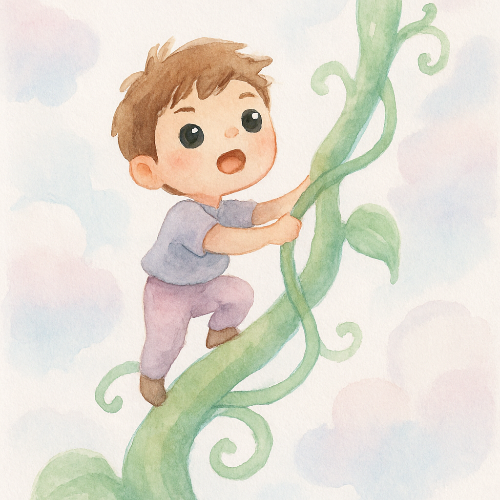 소년이 콩 넝쿨을 타고 구름 위로 올라가는 장면