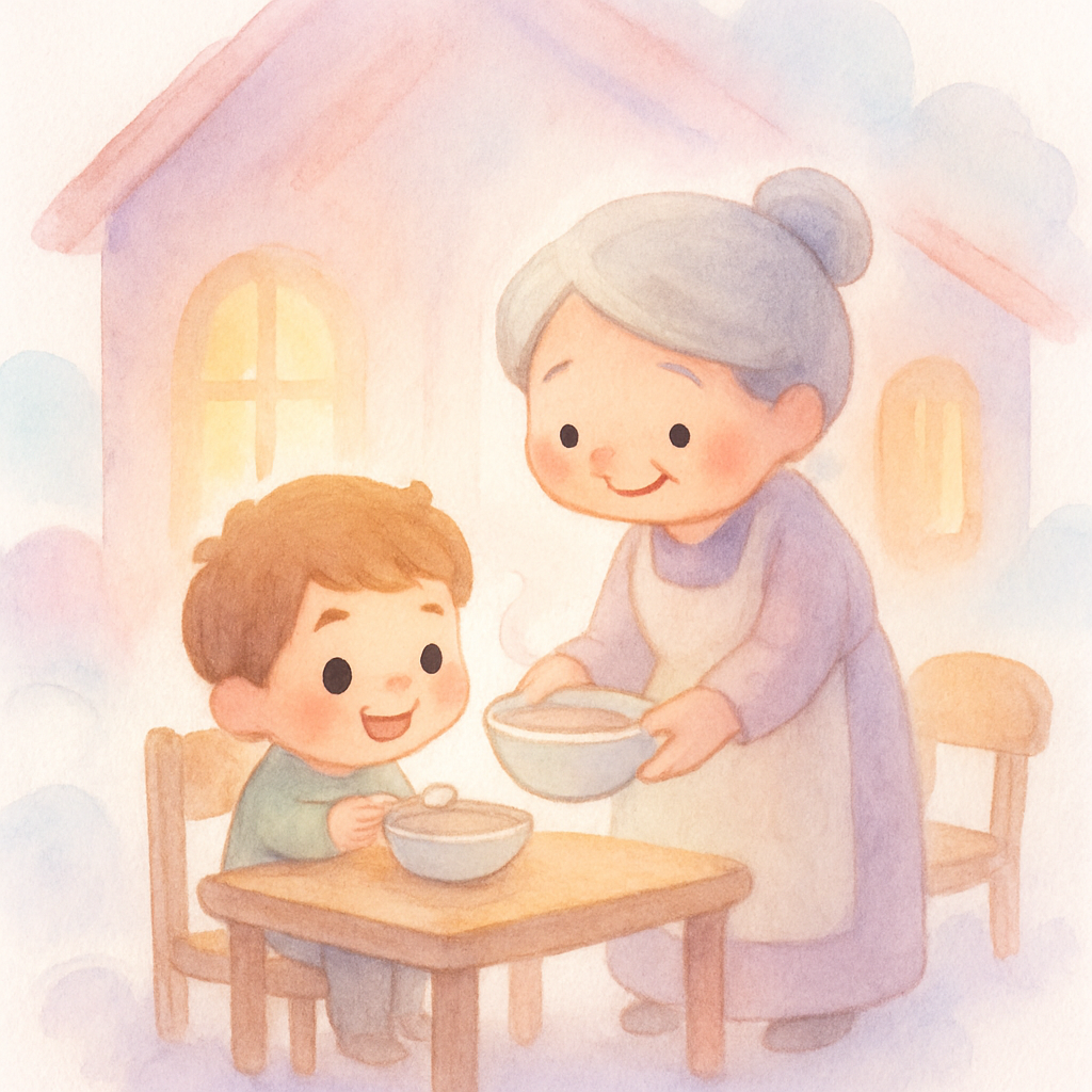 구름 위 큰 집에서 착한 할머니가 소년에게 밥을 주는 장면