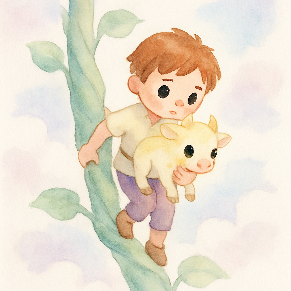 소년이 마법의 송아지를 안고 콩 넝쿨을 타고 내려오는 장면