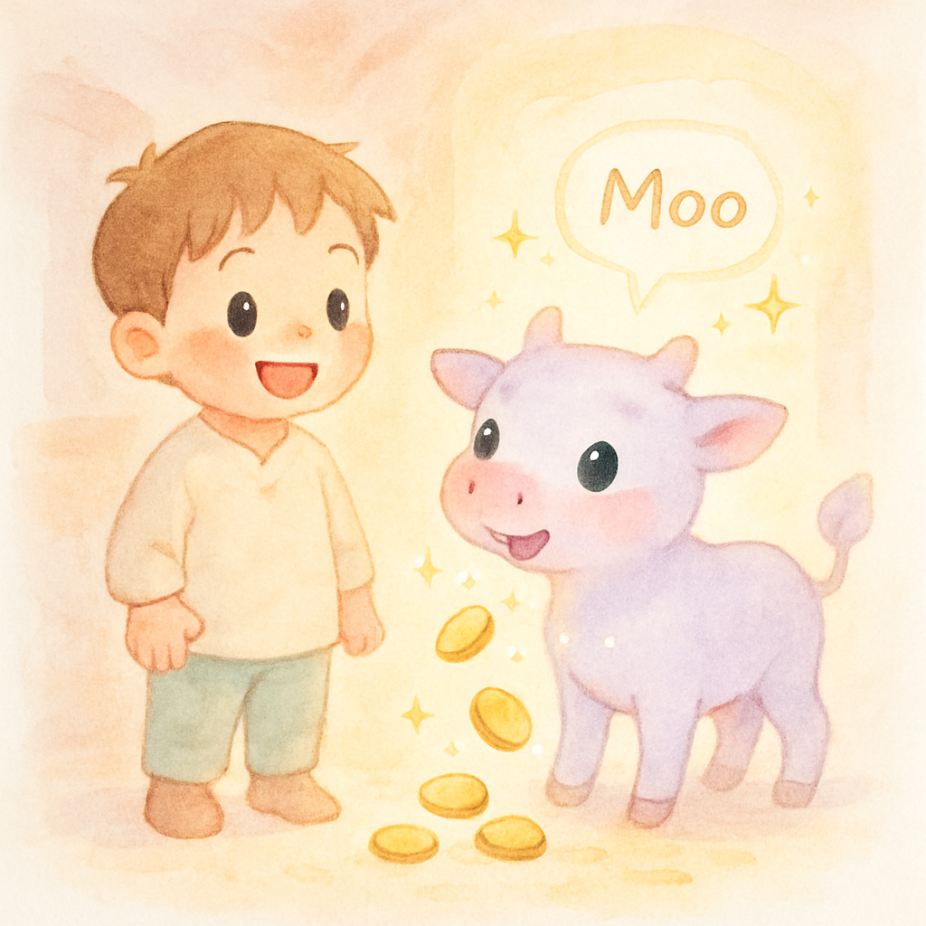 송아지가 금동전을 만들어주고 소년이 행복해하는 장면