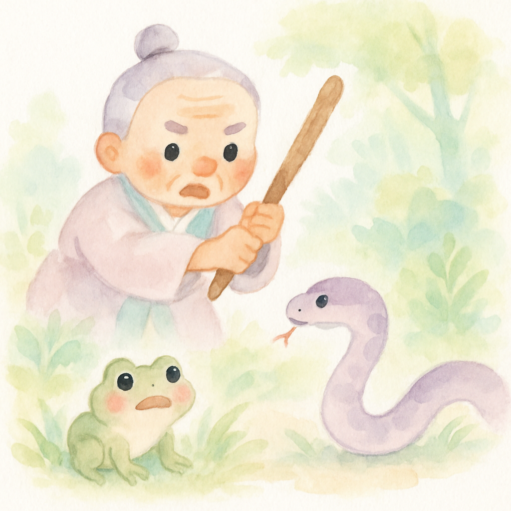 할아버지가 구렁이로부터 두꺼비를 구해주는 장면