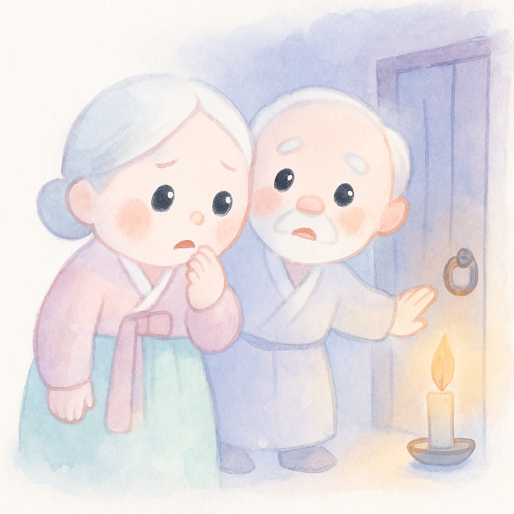 할머니가 걱정스럽게 문 앞에서 망설이는 장면