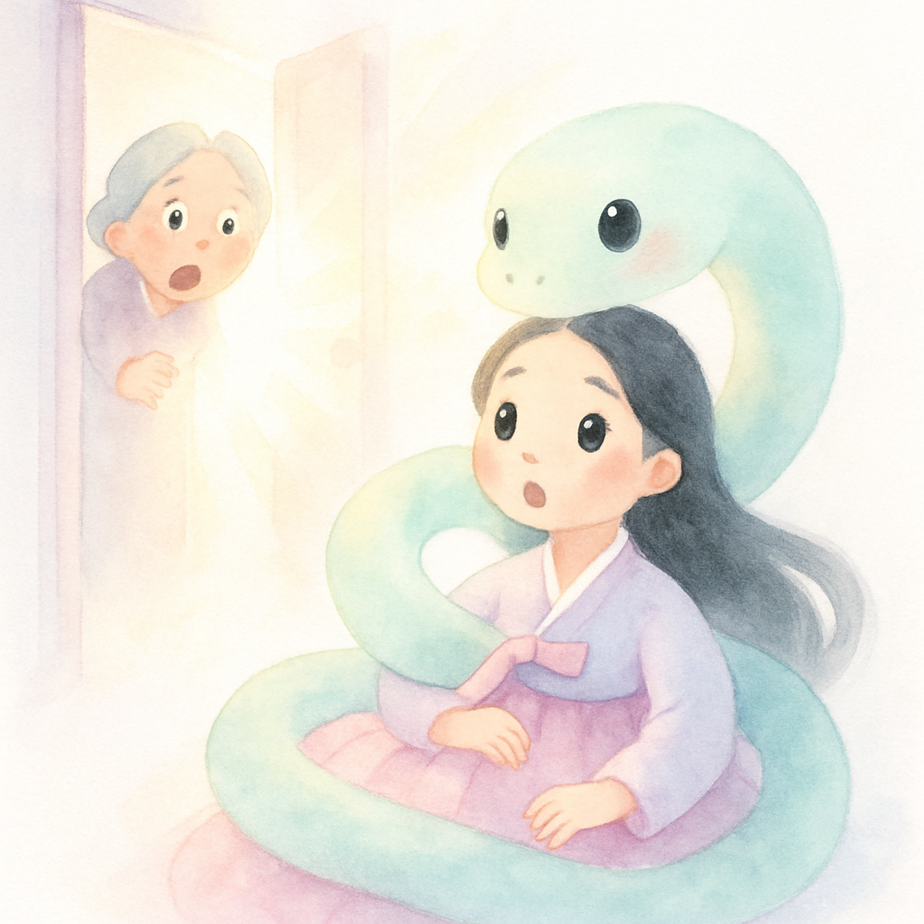 할머니가 문을 열었을 때 구렁이가 아가씨를 감싸고 있는 장면