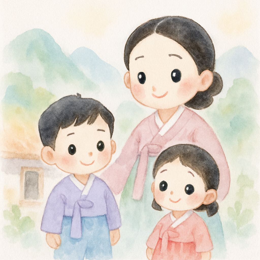 깊은 산속 작은 집 앞에서 엄마와 오누이가 함께 있는 모습