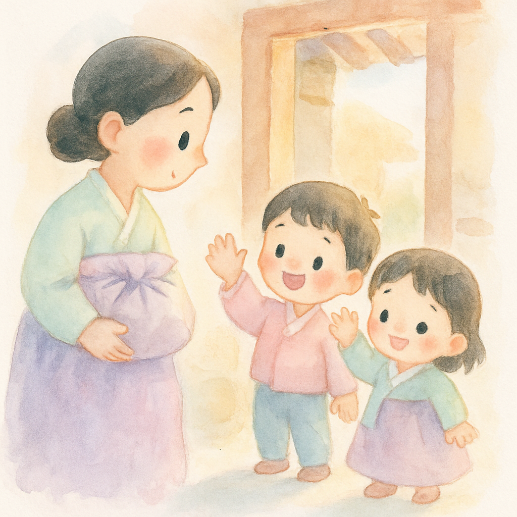 엄마가 출근하며 오누이에게 작별 인사를 하는 장면