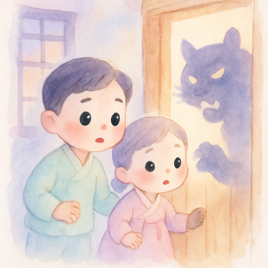 해가 진 저녁, 문 앞에서 오누이가 기다리고 있고 문 밖에서 호랑이가 엄마 흉내를 내며 문을 두드리는 장면