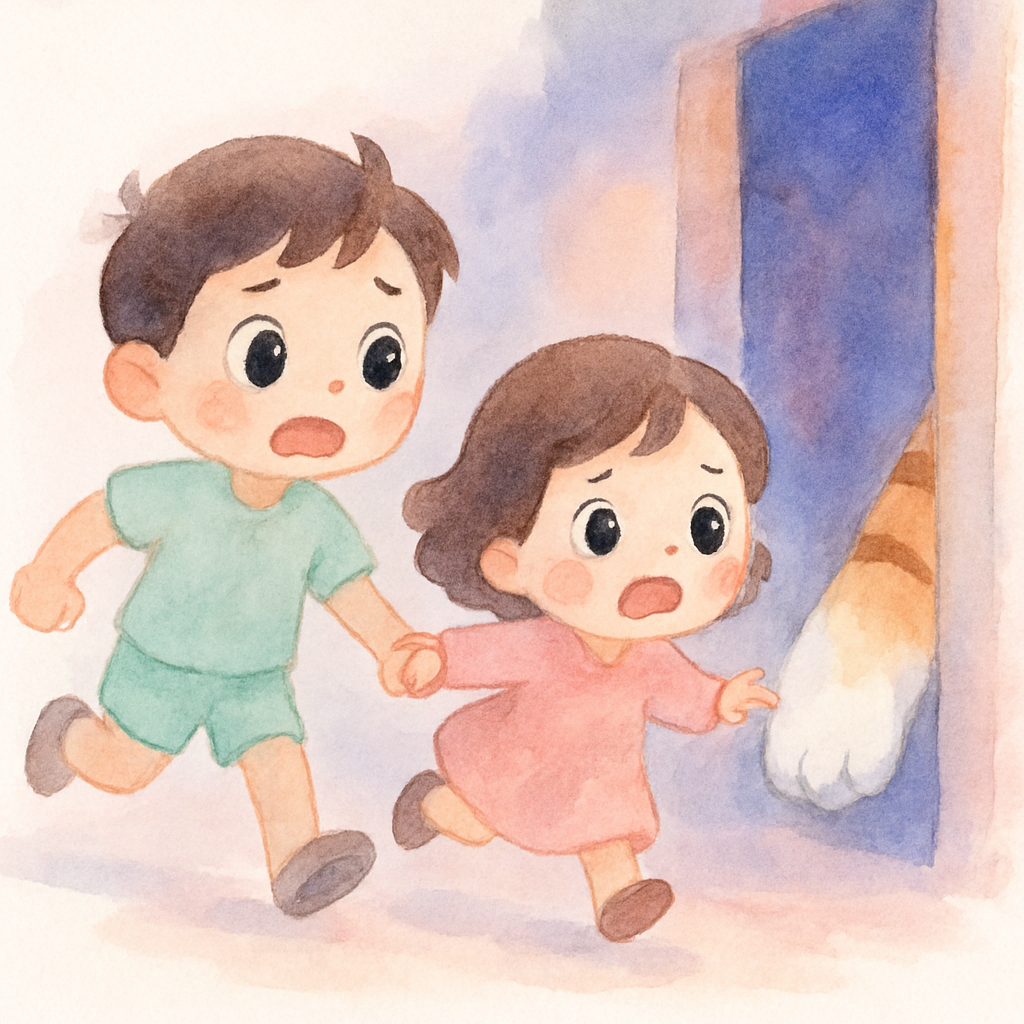 오빠가 문틈으로 밀가루 묻은 호랑이 손을 보고 놀라며 동생과 함께 마당으로 뛰어나가는 장면