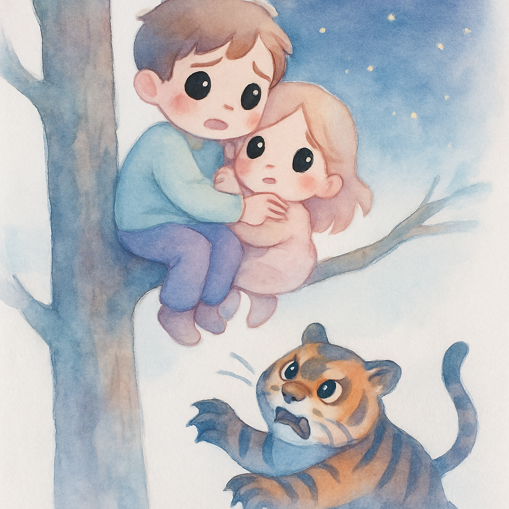 오누이가 높은 나무 위에 올라가 있고 아래에서 호랑이가 올라오려고 하는 장면