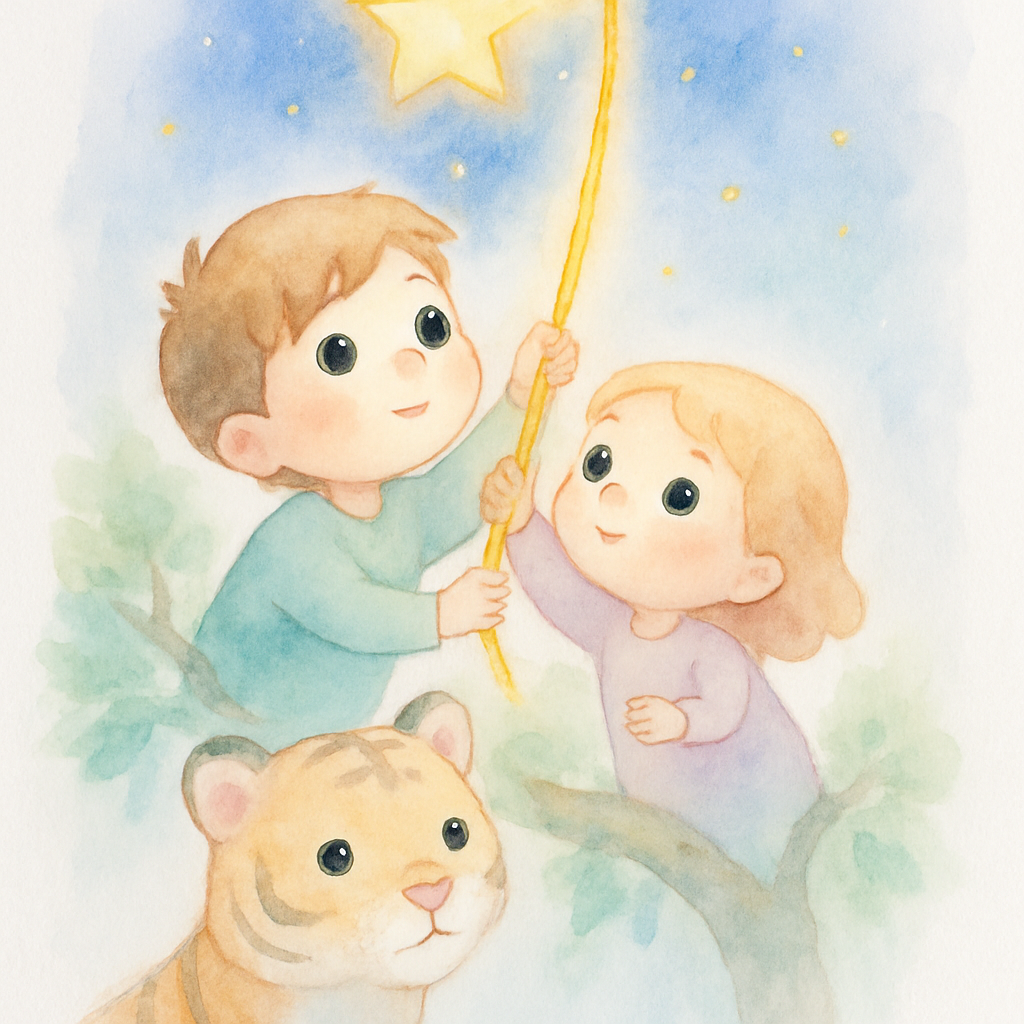 하늘에서 금빛 줄이 내려오고 오누이가 그 줄을 잡는 장면