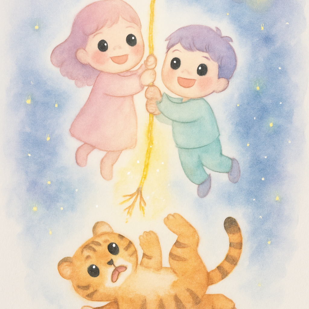 오누이가 금빛 줄을 타고 하늘로 올라가고 호랑이는 썩은 줄이 끊어져 떨어지는 장면