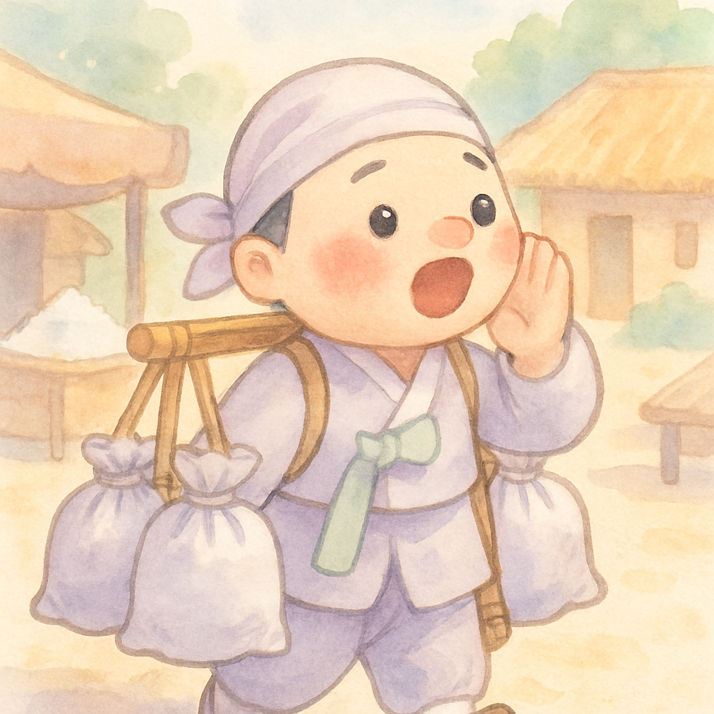 소금 장수가 마을에서 소금을 팔며 외치는 장면