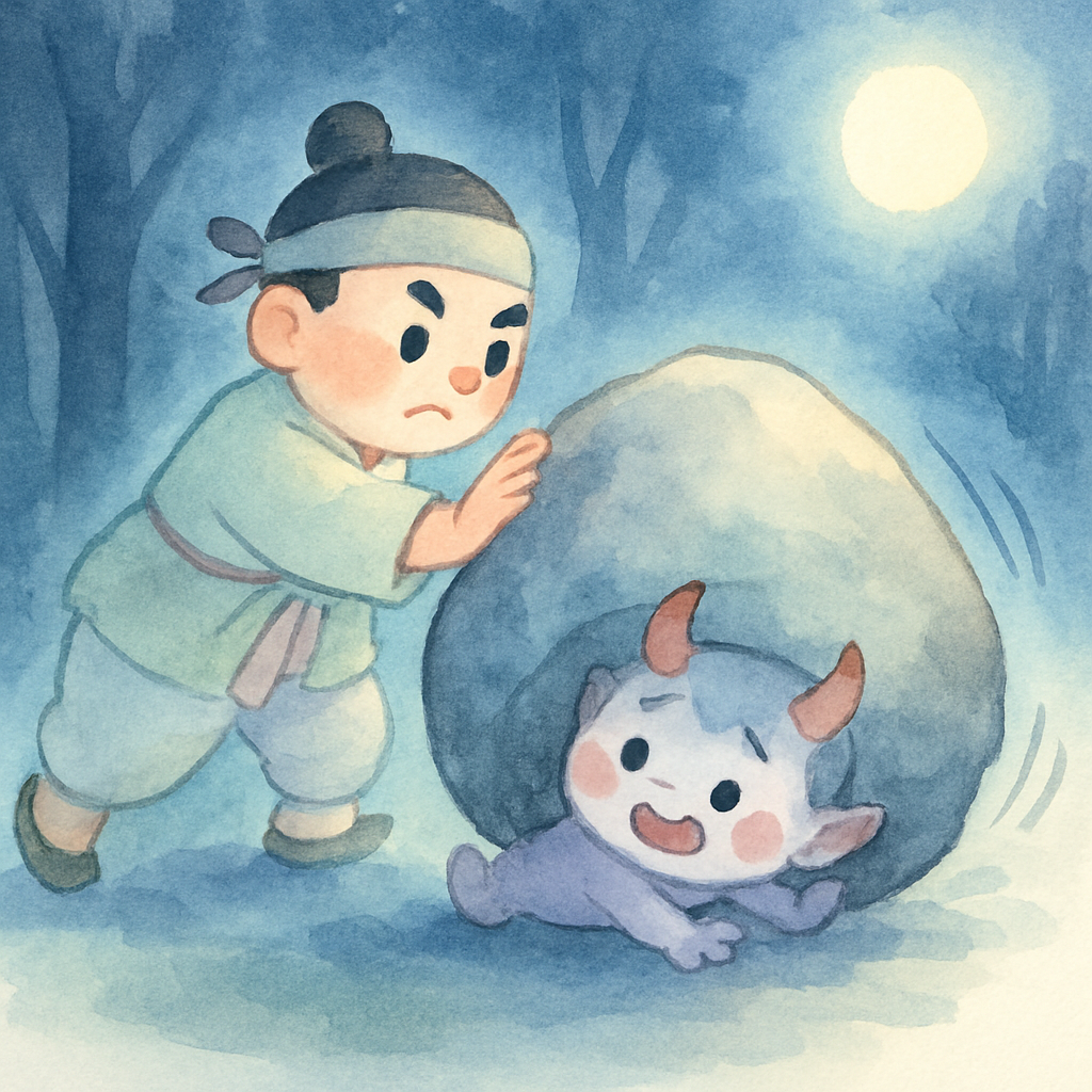 소금 장수가 힘을 다해 바위를 밀어 도깨비를 구출하는 장면