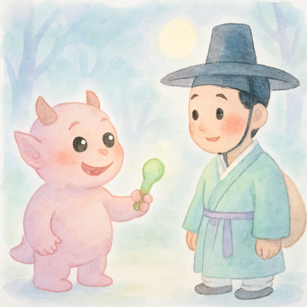 도깨비가 소금 장수에게 감사하며 작은 방망이를 주는 장면