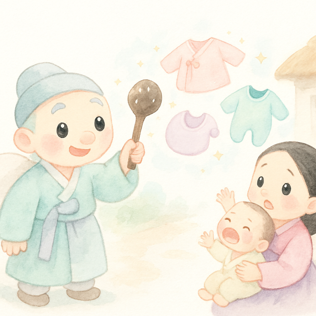 소금 장수가 방망이로 아기를 위해 따뜻한 옷을 나오게 하는 장면