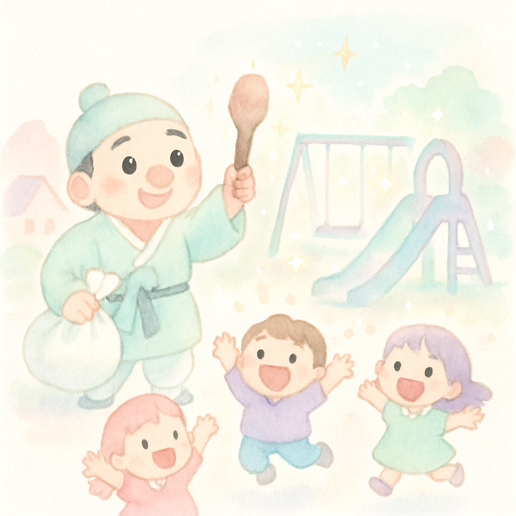 소금 장수가 방망이로 아이들을 위해 큰 놀이터를 만드는 장면