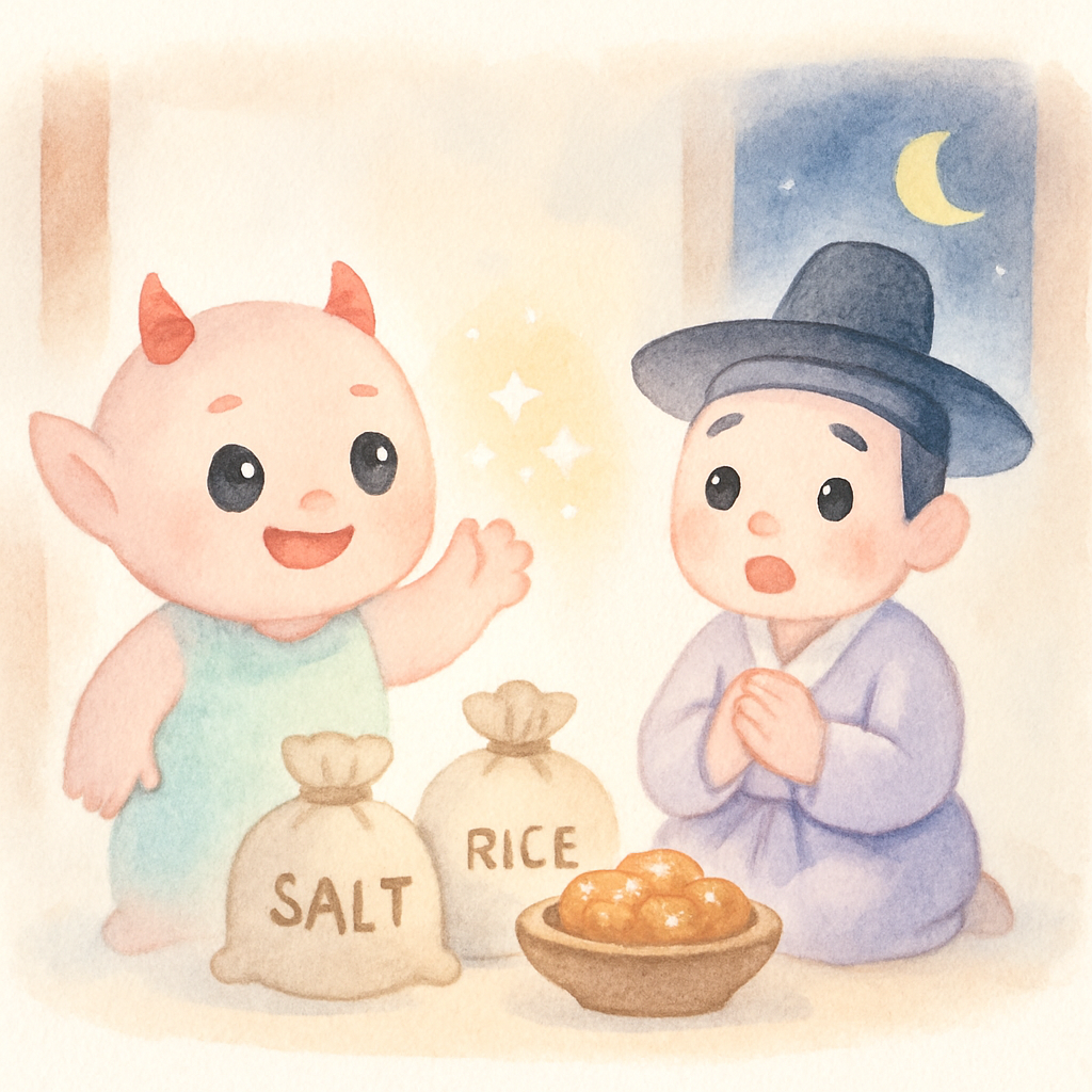 도깨비가 다시 나타나 소금 장수의 집에 소금과 음식을 가득 채워주는 장면